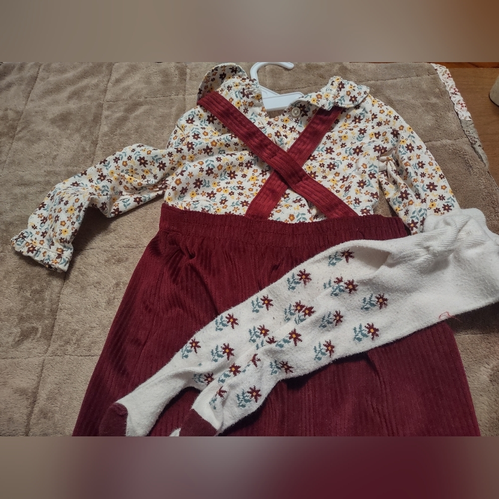 SOLD Wonder Nation winter 12 mo blouse jumper dress and hosiery floral SET - Picture 9 of 12